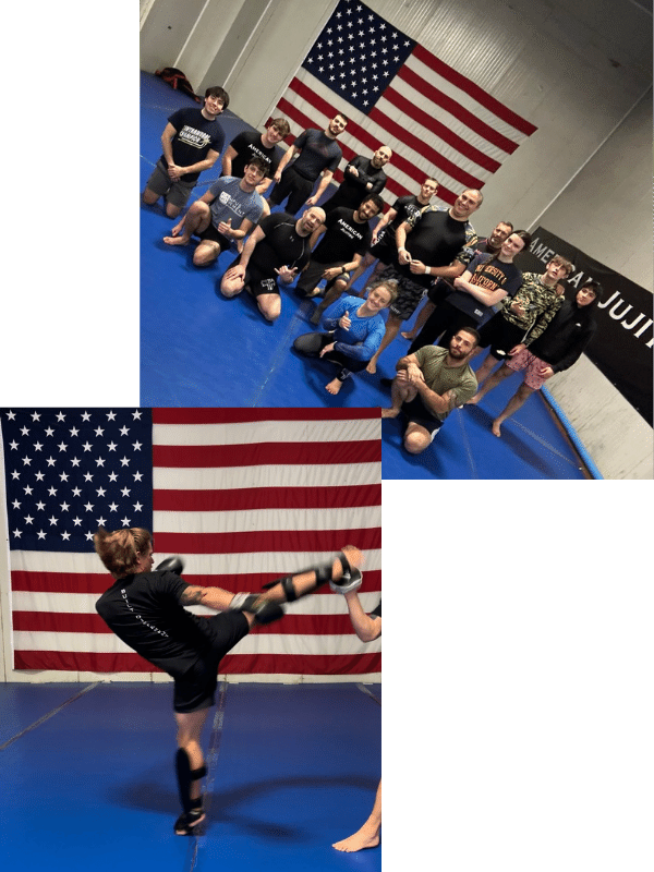 Two photos overlapping showing a kickboxer and a team photo on the mats at American Jujitsu